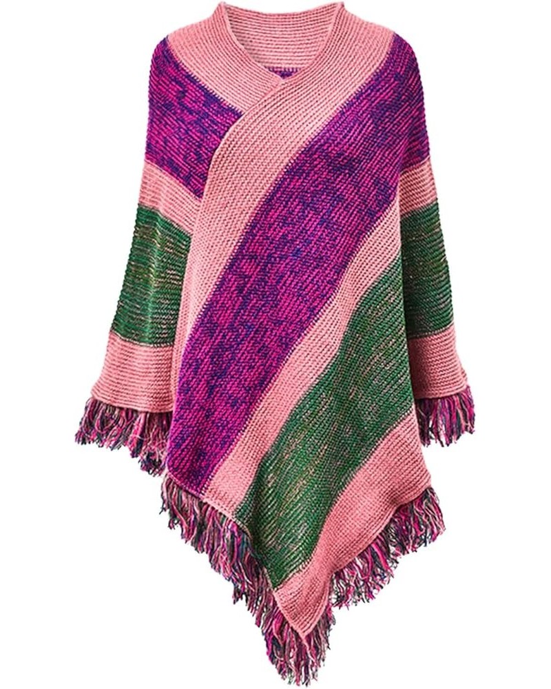 Women Knitted Poncho Tassel Shawl Winter Warm Sweater Pullover Cloak Vintage Large Wraps Purple $13.90 Scarves