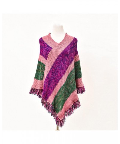 Women Knitted Poncho Tassel Shawl Winter Warm Sweater Pullover Cloak Vintage Large Wraps Purple $13.90 Scarves