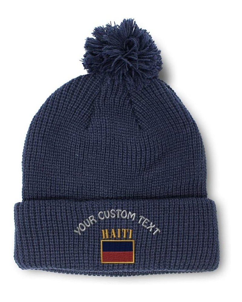 Pom Pom Beanies for Women Haiti Flag Embroidery Skull Cap Flags Winter Hats for Men Acrylic 1 Size Navy Personalized Text Her...