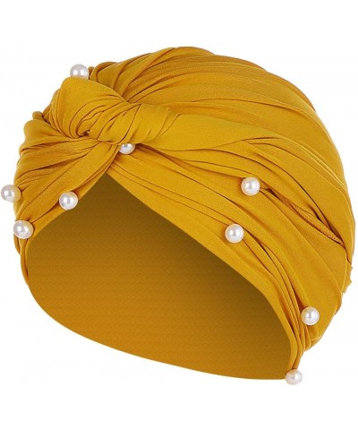 Women Pearl African Hat Muslim Cancer Chemo Turban Hat Tied Knot Solid Color Headwraps Cap (Yellow, One Size) Yellow One Size...