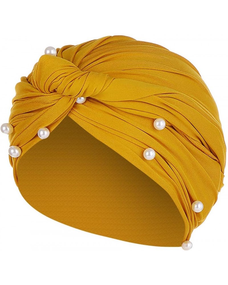 Women Pearl African Hat Muslim Cancer Chemo Turban Hat Tied Knot Solid Color Headwraps Cap (Yellow, One Size) Yellow One Size...