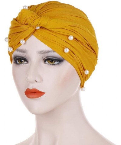 Women Pearl African Hat Muslim Cancer Chemo Turban Hat Tied Knot Solid Color Headwraps Cap (Yellow, One Size) Yellow One Size...