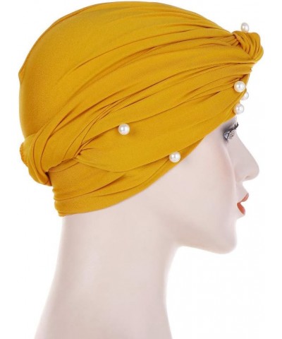 Women Pearl African Hat Muslim Cancer Chemo Turban Hat Tied Knot Solid Color Headwraps Cap (Yellow, One Size) Yellow One Size...