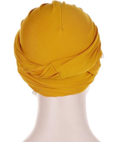 Women Pearl African Hat Muslim Cancer Chemo Turban Hat Tied Knot Solid Color Headwraps Cap (Yellow, One Size) Yellow One Size...