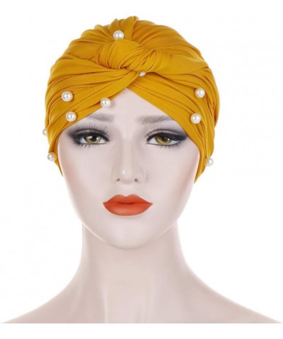 Women Pearl African Hat Muslim Cancer Chemo Turban Hat Tied Knot Solid Color Headwraps Cap (Yellow, One Size) Yellow One Size...