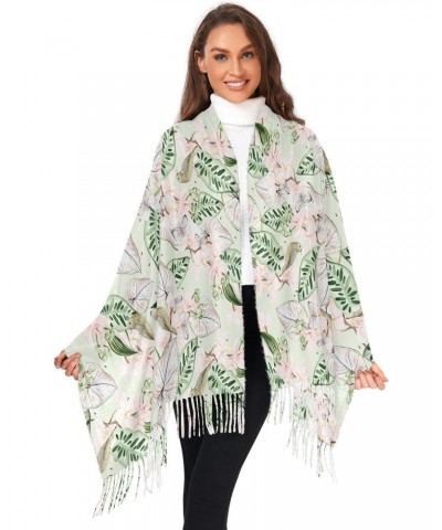 Leaves Orchids Flower Women Wrap Pashmina Shawl, Butterfly Watercolor Winter Warm Long Scarf with Tassels for Evening Dress &...