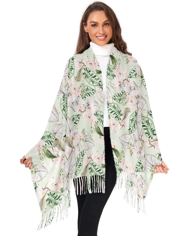 Leaves Orchids Flower Women Wrap Pashmina Shawl, Butterfly Watercolor Winter Warm Long Scarf with Tassels for Evening Dress &...