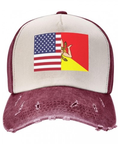 American Flag and Sicilian Flag Vintage Denim Dad Hat - Premium Contrast Baseball Cap $15.23 Baseball Caps