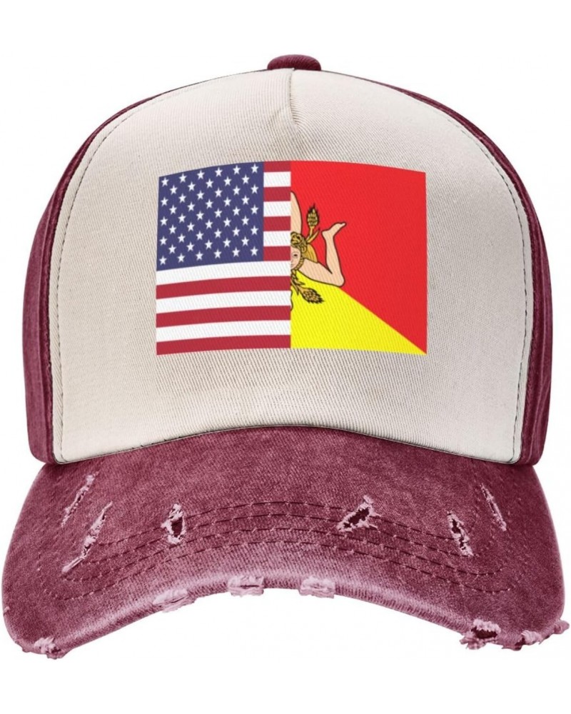 American Flag and Sicilian Flag Vintage Denim Dad Hat - Premium Contrast Baseball Cap $15.23 Baseball Caps