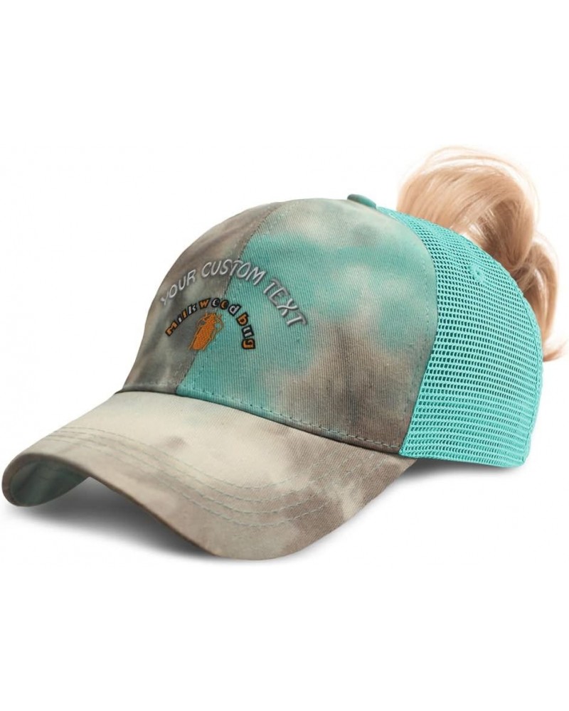 Womens Ponytail Cap Milkweed Bug Insects Insects Cotton Nature Distressed Trucker Hat Tie Dye Aqua Personalized Text Here $16...