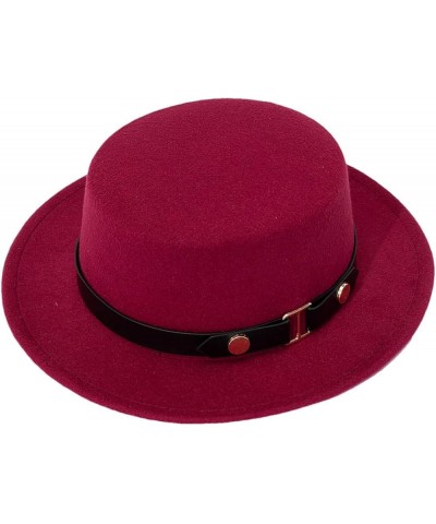 Belt Buckle Flat Top Top Hat for Women in Autumn and Winter, British Retro Versatile Woolen Jazz Hats with Brim Wine Red $20....