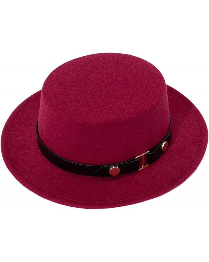 Belt Buckle Flat Top Top Hat for Women in Autumn and Winter, British Retro Versatile Woolen Jazz Hats with Brim Wine Red $20....