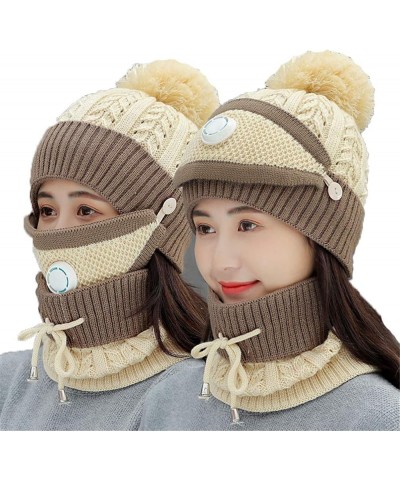 2 Pieces Fleece Lined Knit Beanie Hat Scarf Set Winter Warm Ski Cap with Pompom Beige $16.79 Skullies & Beanies