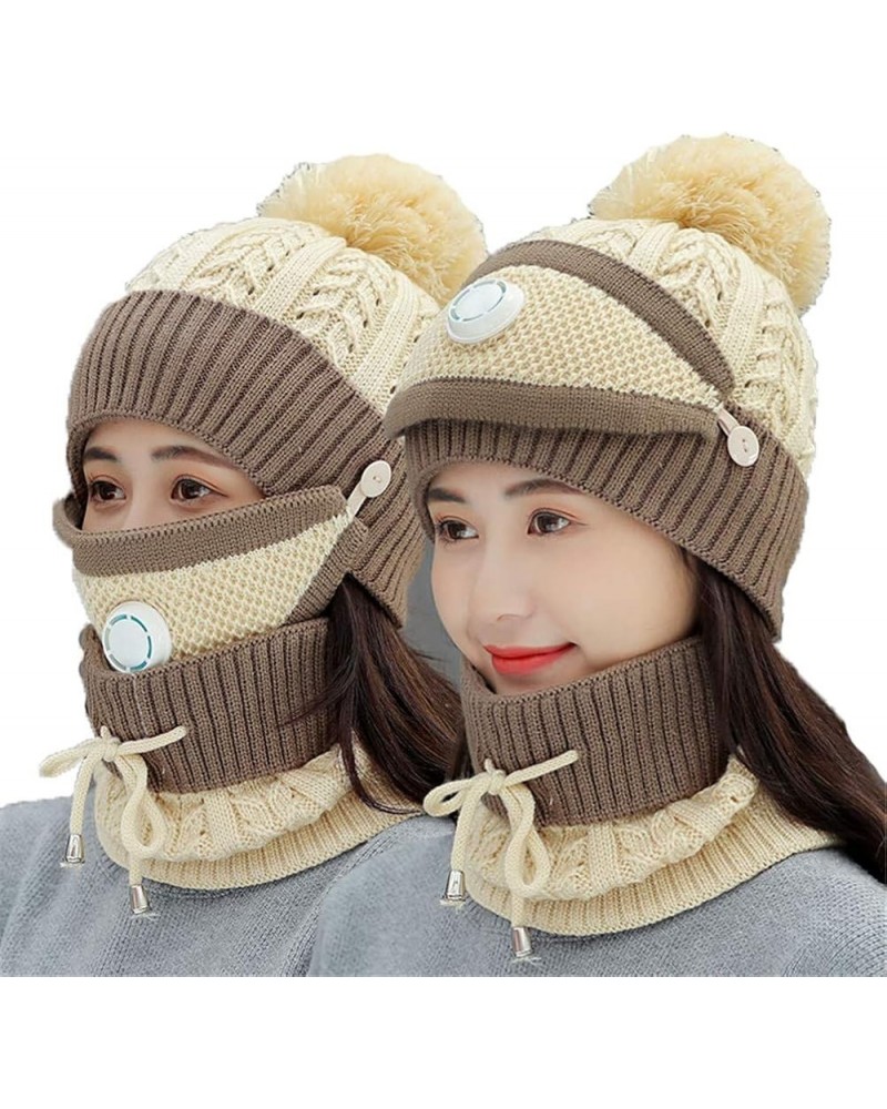 2 Pieces Fleece Lined Knit Beanie Hat Scarf Set Winter Warm Ski Cap with Pompom Beige $16.79 Skullies & Beanies