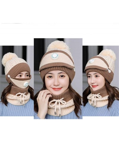 2 Pieces Fleece Lined Knit Beanie Hat Scarf Set Winter Warm Ski Cap with Pompom Beige $16.79 Skullies & Beanies