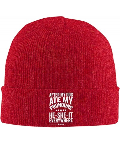 After My Dog Ate My Pronouns He She It Everywhere Beanie Men Slouchy Knit Skull Cap Black Warm Winter Ski Stocking Hats Red $...