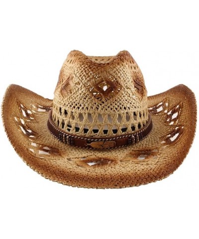 Men Women's Woven Straw Cowboy Cowgirl Hat Hollow Western Outback Sun Visors Wide Brim Kaqi $15.48 Cowboy Hats