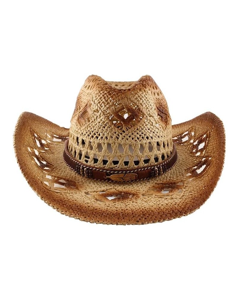 Men Women's Woven Straw Cowboy Cowgirl Hat Hollow Western Outback Sun Visors Wide Brim Kaqi $15.48 Cowboy Hats