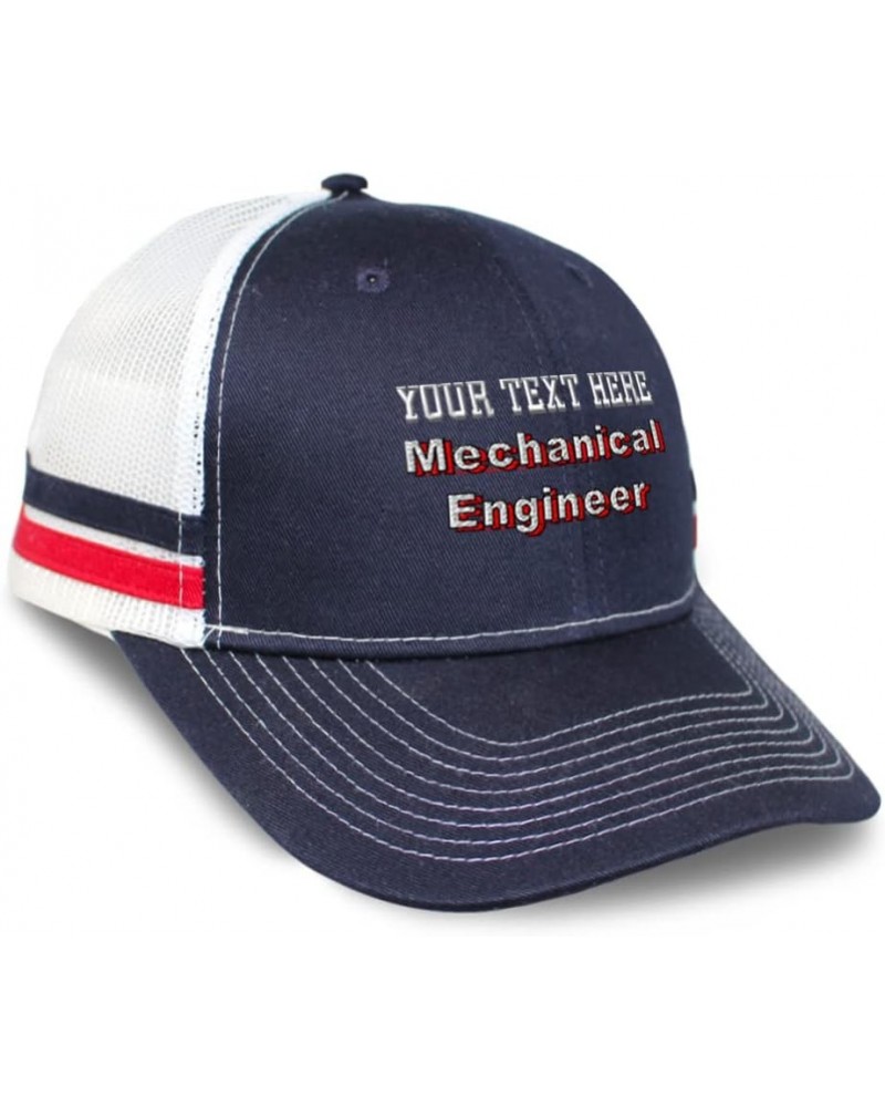 Custom Trucker Hat Baseball Cap Mechanical Engineer Engineering Cotton Science Dad Hats for Men & Women Navy White Stripes Pe...