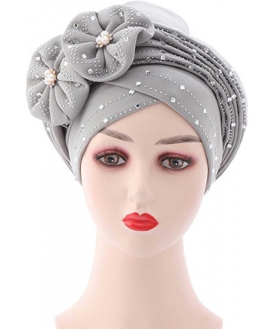 Fashion Women African Pattern Turban Flower Caps Beading Braid Hat Muslim Ruffle Cancer Wrap Cap Sleep Caps Hair Bonnets B-gr...