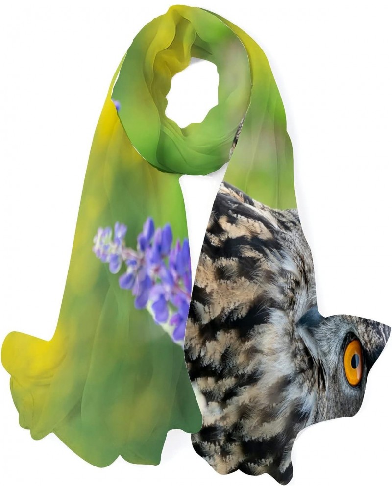 Eagle Owl in wild nature in spring time Silk Scarf Shawl Wrap for Women Girls $13.49 Scarves