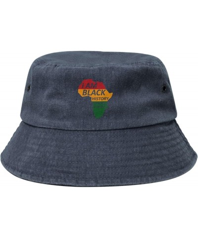 I Am Black History Washed Denim Bucket Cap Fisherman Sunhat Retro Wide Brim Walking Cowboy Hat Navy Blue $13.01 Bucket Hats