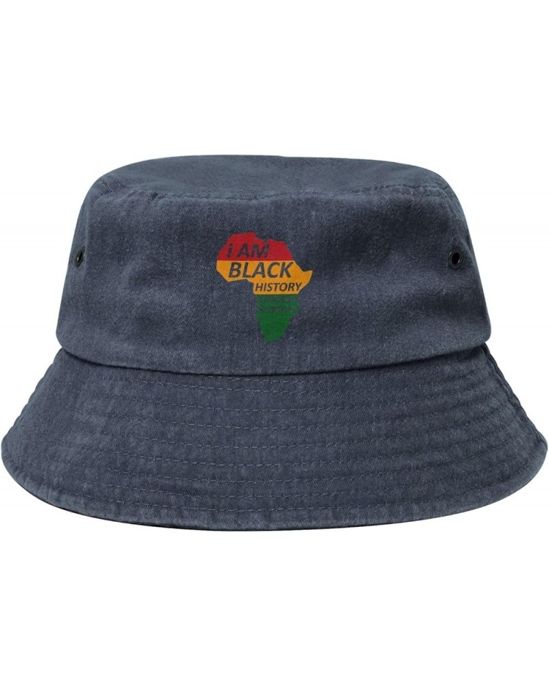 I Am Black History Washed Denim Bucket Cap Fisherman Sunhat Retro Wide Brim Walking Cowboy Hat Navy Blue $13.01 Bucket Hats