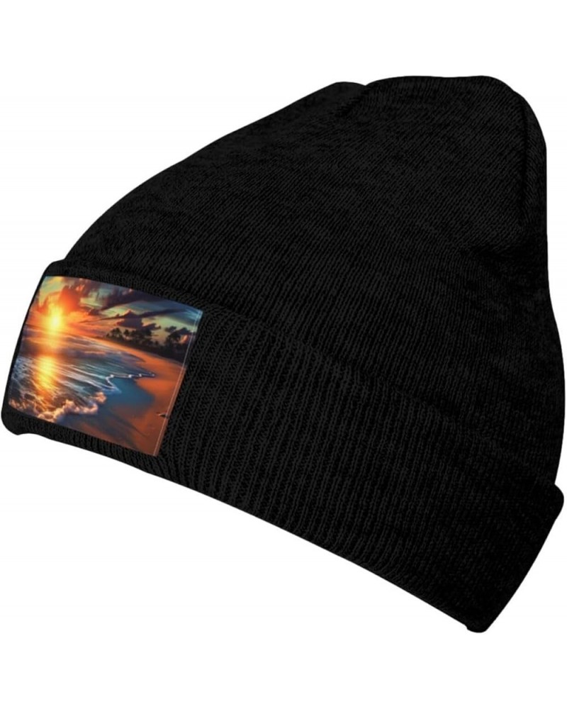 Sunset Beach Printed Beanie Hat for Women Men,Acrylic Knit Hats,Winter Warm Hats,Soft Knit Ski Hats Unisex Black $13.96 Skull...