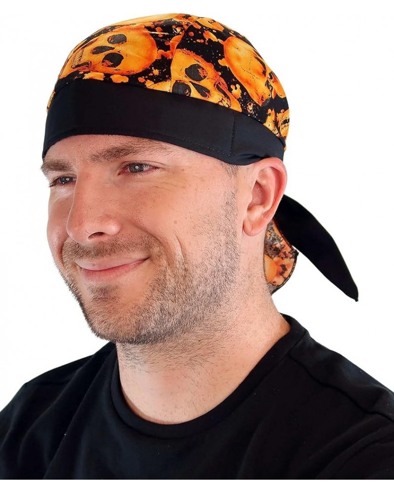 American Made Skull Caps Doo Rags Do Rag Durag Headwrap Head Wraps Skullies - Made in The USA! Tossed Orange Skulls With Blac...