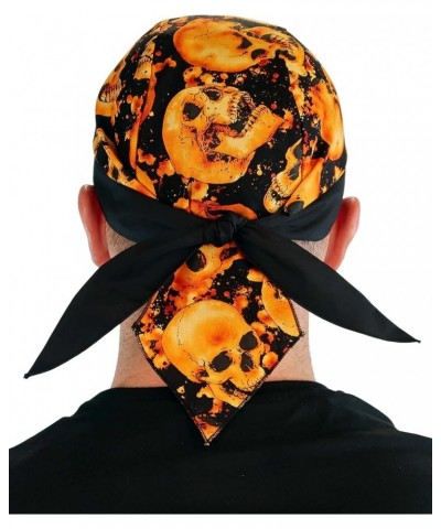 American Made Skull Caps Doo Rags Do Rag Durag Headwrap Head Wraps Skullies - Made in The USA! Tossed Orange Skulls With Blac...