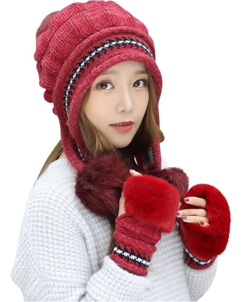 Women's Hat with Ear Warm Thick Sun Protection Knitted Plush Woolen Hat Baseball Caps Women Bike Hat for Women and Men Red $9...