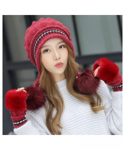 Women's Hat with Ear Warm Thick Sun Protection Knitted Plush Woolen Hat Baseball Caps Women Bike Hat for Women and Men Red $9...