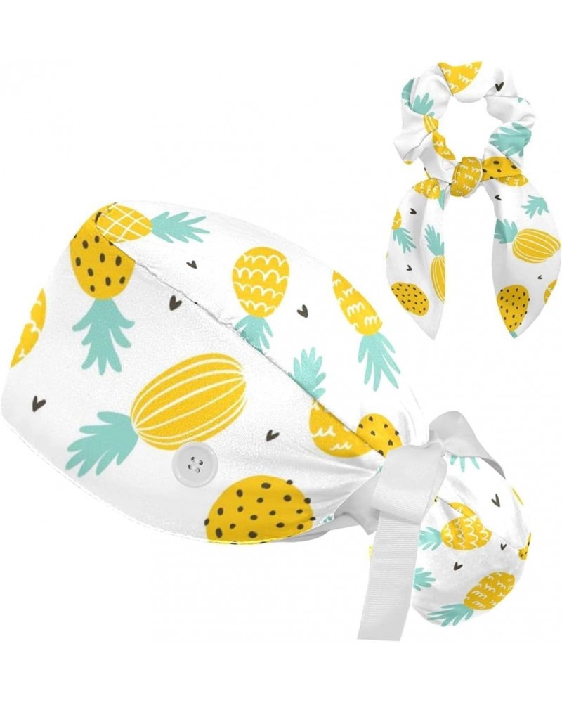 Scrub Hat Pineapple Print Pattern Adjustable Working Cap with Button Bow Hair Scrunchies for Women Color 4 $9.87 Skullies & B...