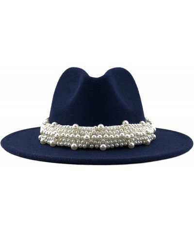 Wool Fedora Hats Casual Leather Pearl Ribbon Felt Hat Formal Party Cap Outdoor Men Cowboy Hats 58-61CM Navy $9.93 Fedoras