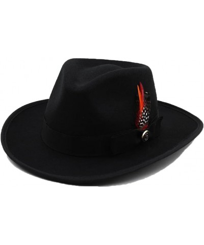 Women Men 100% Wool Gangster Trilby Felt Fedora Hat with Feather Band Wide Brim Church Jazz Caps Black $28.08 Fedoras