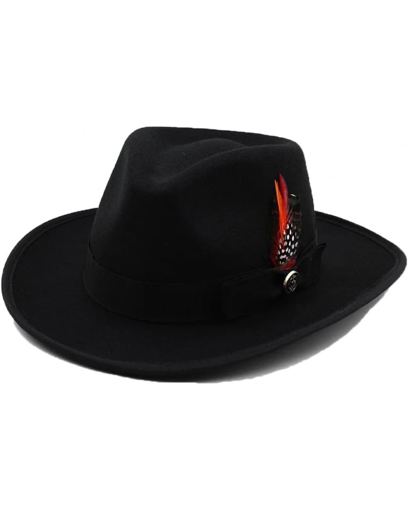 Women Men 100% Wool Gangster Trilby Felt Fedora Hat with Feather Band Wide Brim Church Jazz Caps Black $28.08 Fedoras