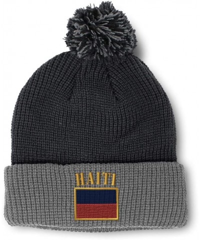 Pom Pom Beanies for Women Haiti Flag Embroidery Skull Cap Flags Winter Hats for Men Acrylic 1 Size Black Grey Design Only $17...