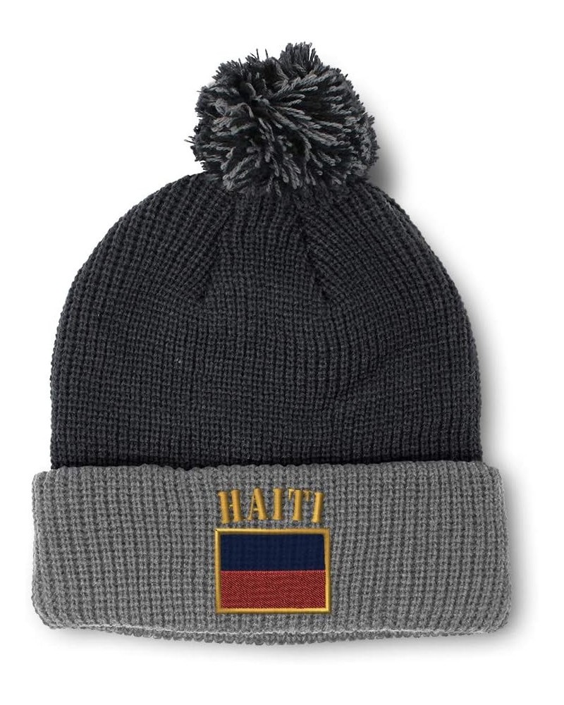 Pom Pom Beanies for Women Haiti Flag Embroidery Skull Cap Flags Winter Hats for Men Acrylic 1 Size Black Grey Design Only $17...