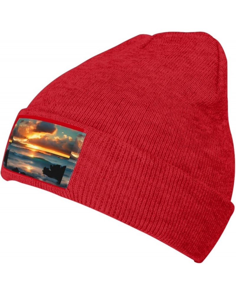 Beach Maui Hawaii Sunset Sea Waves Clouds Print Knitted Hat Daily Warm Hat,Soft Outdoor Beanie for Men Women,Eisure Red $11.6...