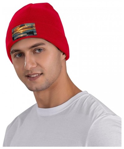 Beach Maui Hawaii Sunset Sea Waves Clouds Print Knitted Hat Daily Warm Hat,Soft Outdoor Beanie for Men Women,Eisure Red $11.6...