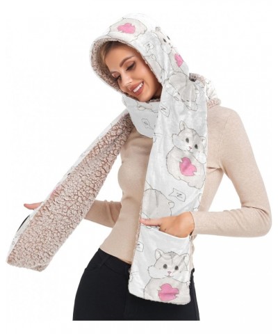 Women Winter Warm Hoodie Hat Scarf Gloves Pocket Warm Hat Cute Hamster Heart Long Scarf Wraps $13.64 Scarves