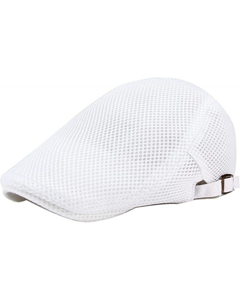 Men's Newsboy Flat Cabbie Hats Mesh Breathable Outdoor Caps Trendy Brim Hat in Plain Colours Adjustable Buckle White $12.04 N...