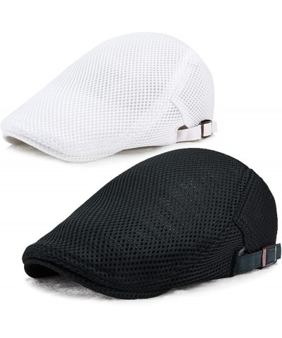 Men's Newsboy Flat Cabbie Hats Mesh Breathable Outdoor Caps Trendy Brim Hat in Plain Colours Adjustable Buckle White $12.04 N...