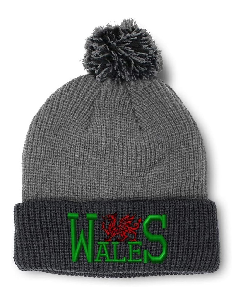 Custom Pom Pom Beanies for Women Red Dragon Wales Embroidery Skull Cap Winter Hats for Men Acrylic 1 Size Grey Black Design O...