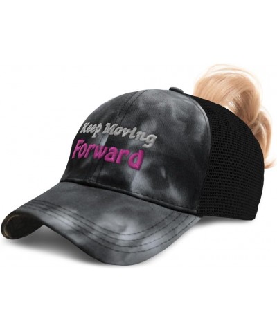 Womens Ponytail Cap Keep Moving Forward Cotton Distressed Trucker Hats Tie Dye Black $12.90 Baseball Caps