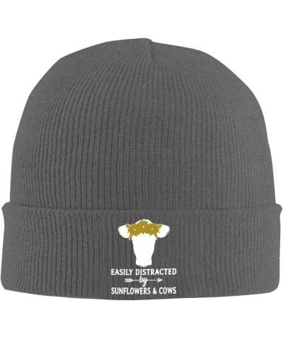 Distracted by Sunflowers Cows Winter Knitted Hat Soft Warm Beanie Hat Black Deep Heather $11.99 Skullies & Beanies