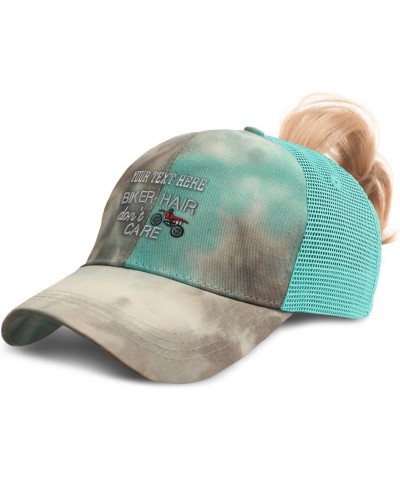 Womens Ponytail Cap Biker Hair Don't Care Motorbike Distressed Trucker Caps Tie Dye Aqua Personalized Text Here $13.16 Baseba...