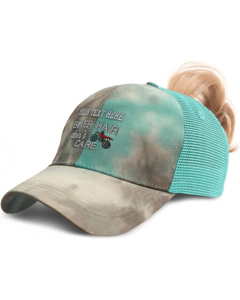 Womens Ponytail Cap Biker Hair Don't Care Motorbike Distressed Trucker Caps Tie Dye Aqua Personalized Text Here $13.16 Baseba...