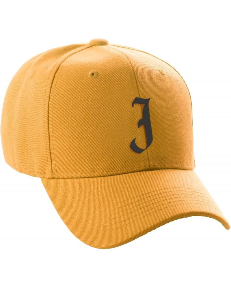 Structured Baseball Hat Cap Curved Visor Black Old English Font Alphabet A to Z Gold Letter J $11.49 Baseball Caps